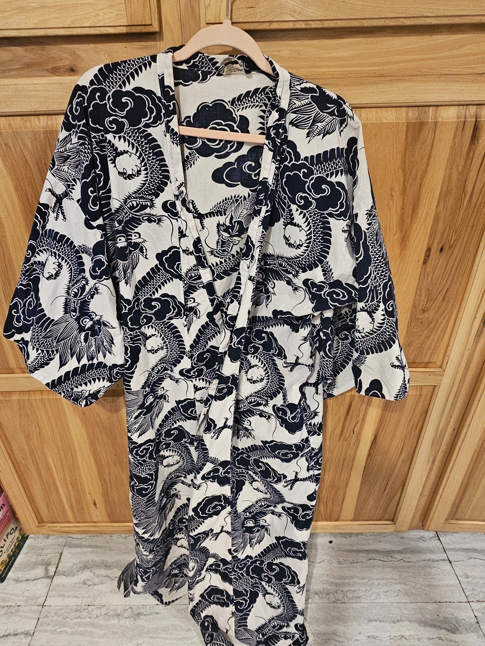 Navy & White Dragon Print Vintage Kimomo